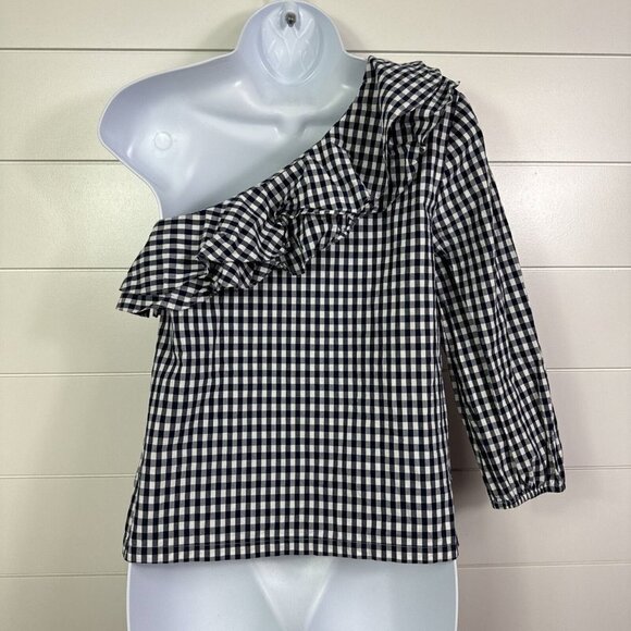 J. Crew Gingham Print One Shoulder Ruffle Top Shirt Navy Blue sz 0P - Picture 5 of 7